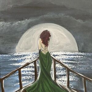 Elegant Green Dress Moonlit Painting